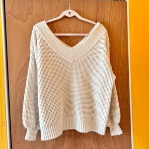 Zenana Oversized V-neck Chunky Knit Sweater - Ivory - Size Medium